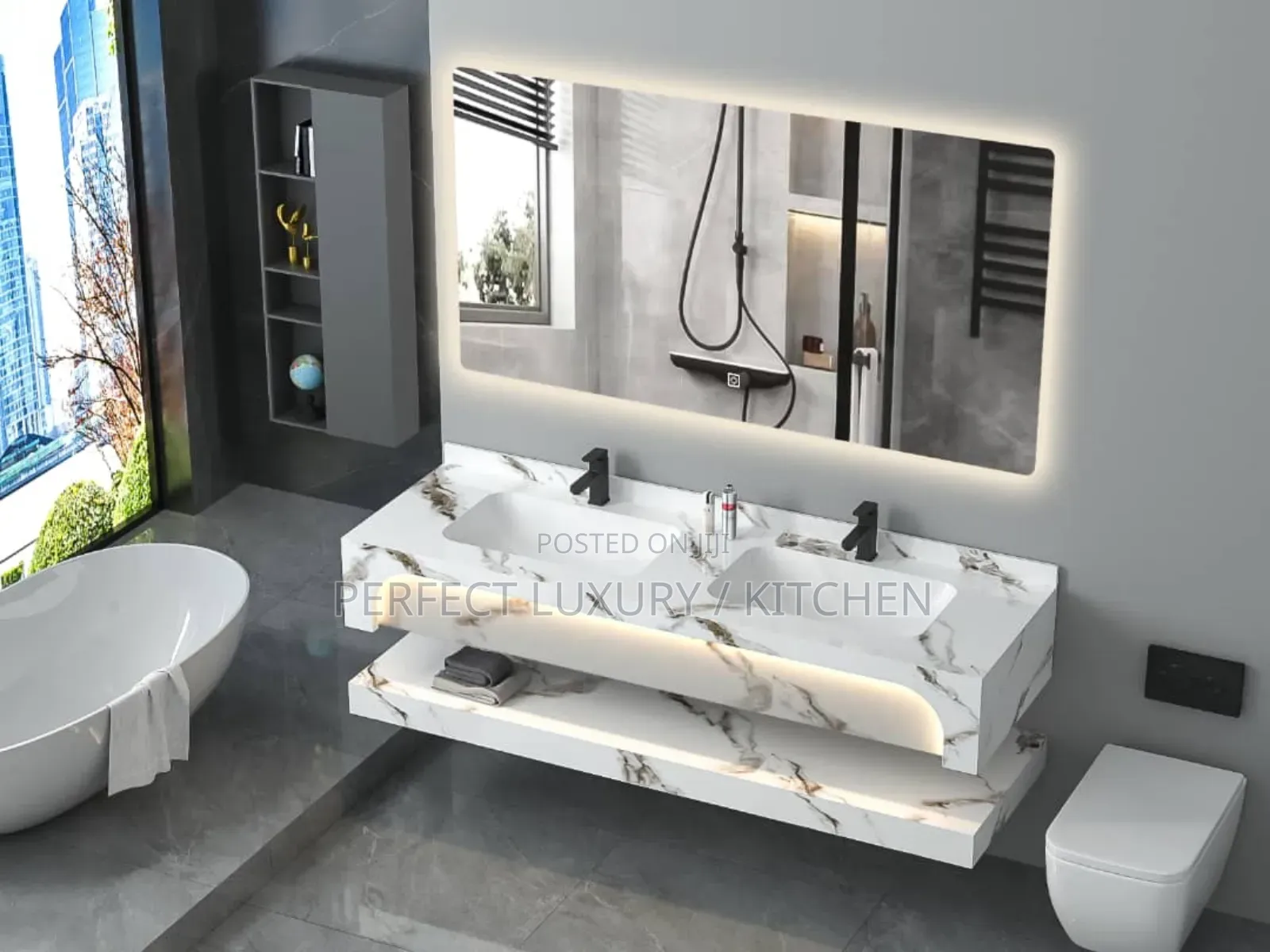 Led Lights Double Marble Cabinets With Led Lights Mirror
