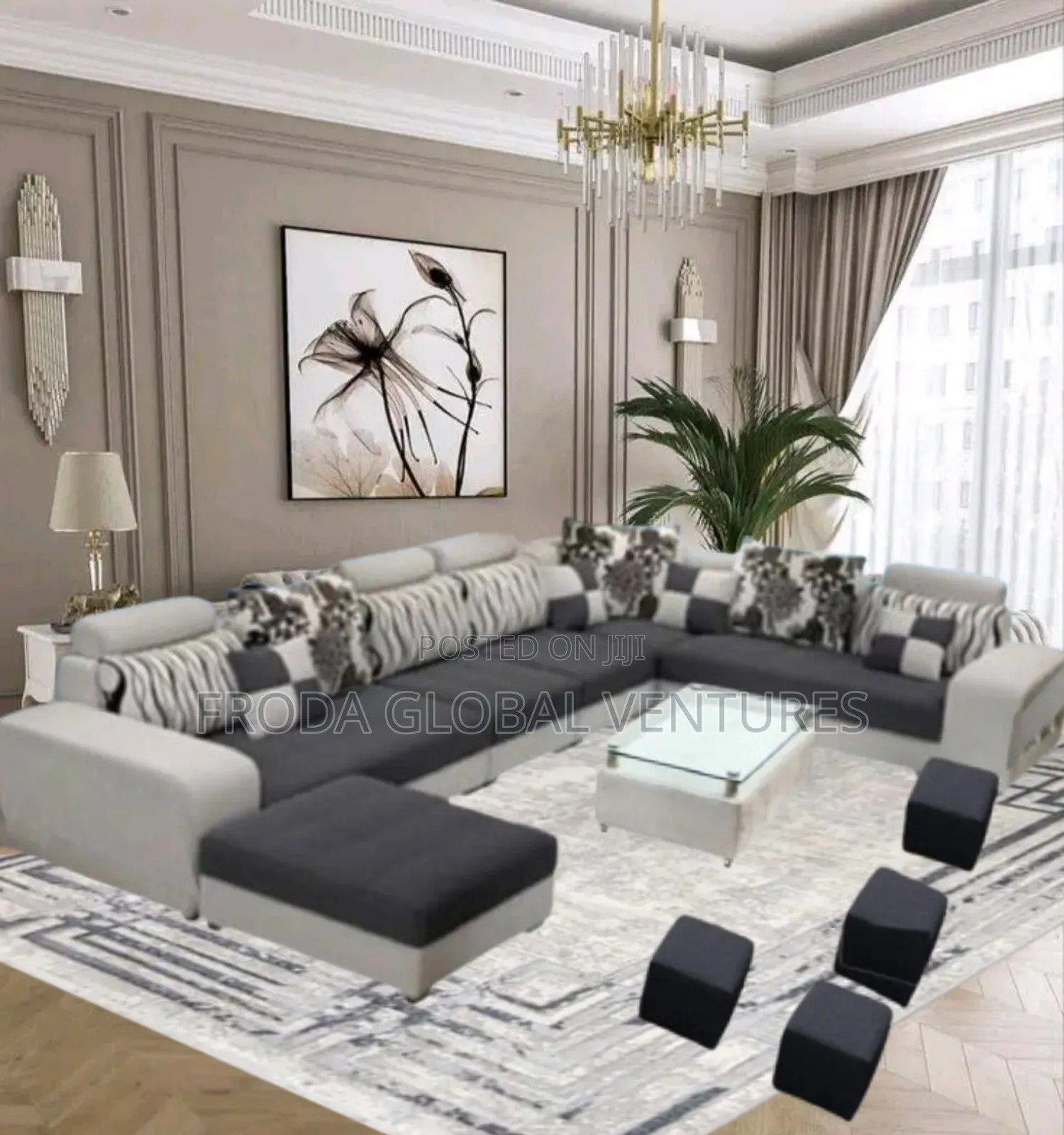 Beautiful and Quality Couch. U-Shaped Sofa Set and Table, Side Stools.