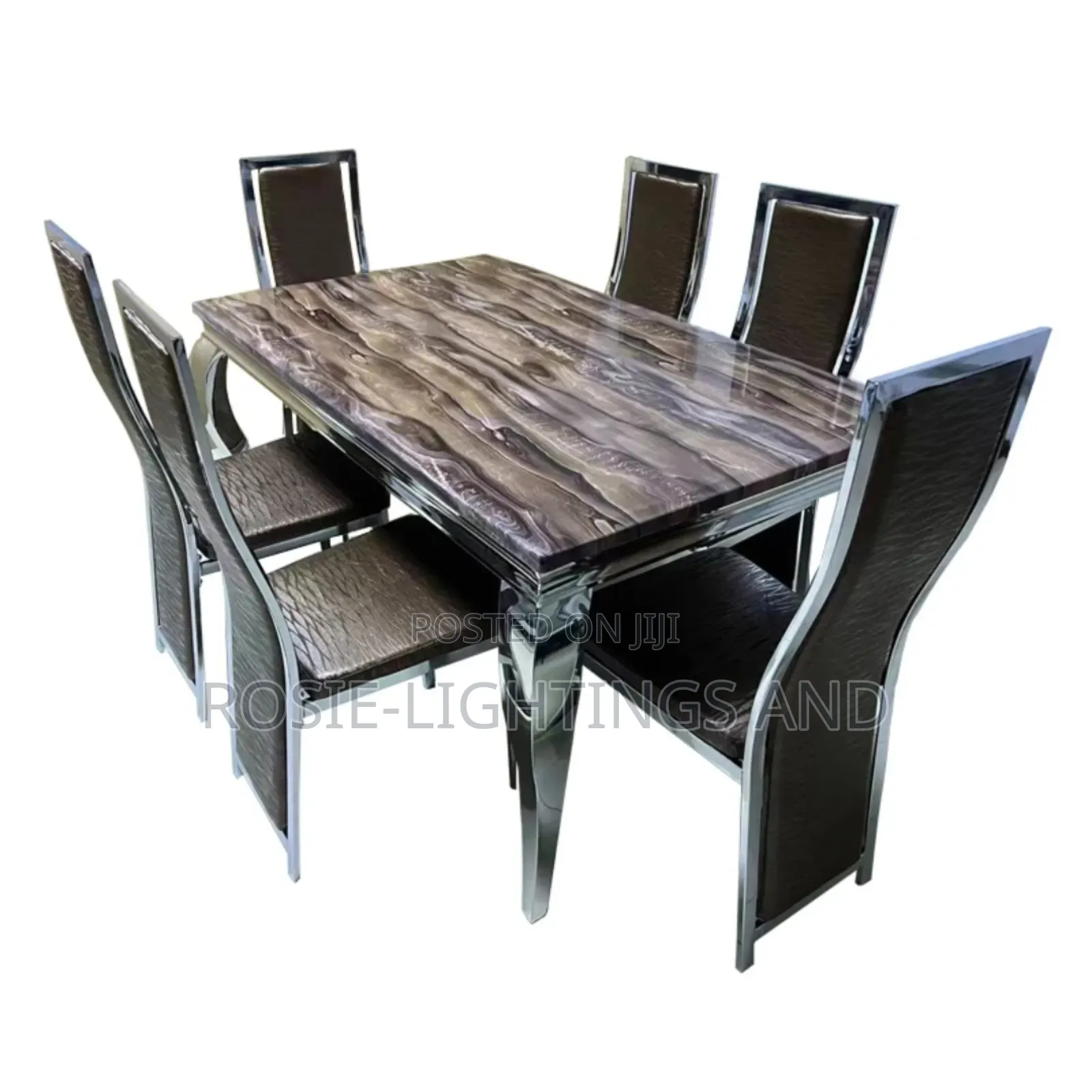 Rectangular Marble Dinning Table and 6 Chairs - Brown