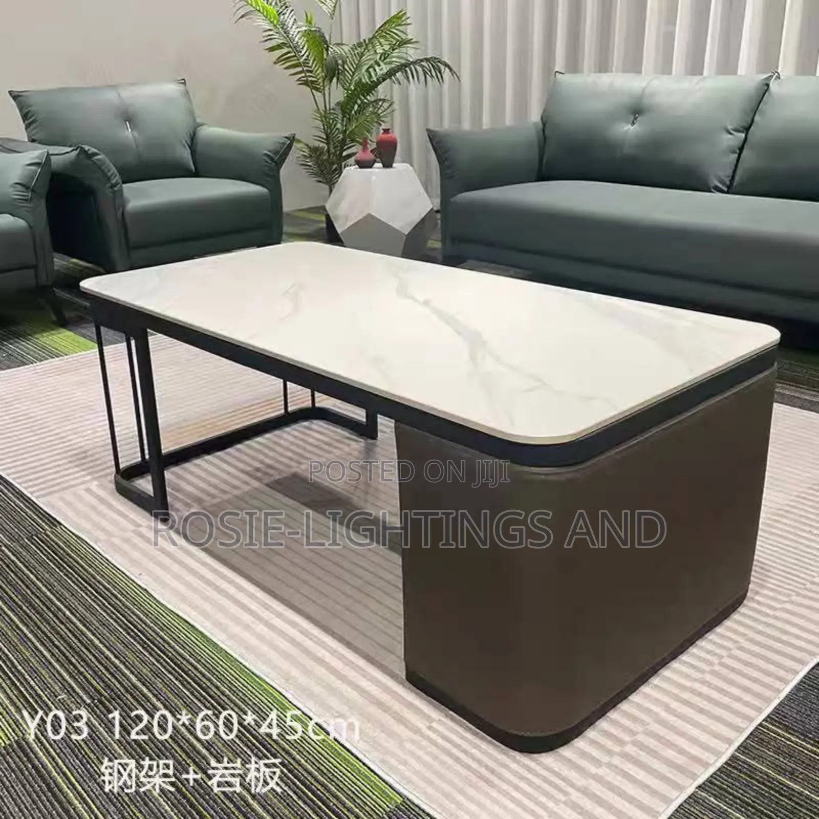 Rectangular Slate Marble Center Table With Coated Leather Metal