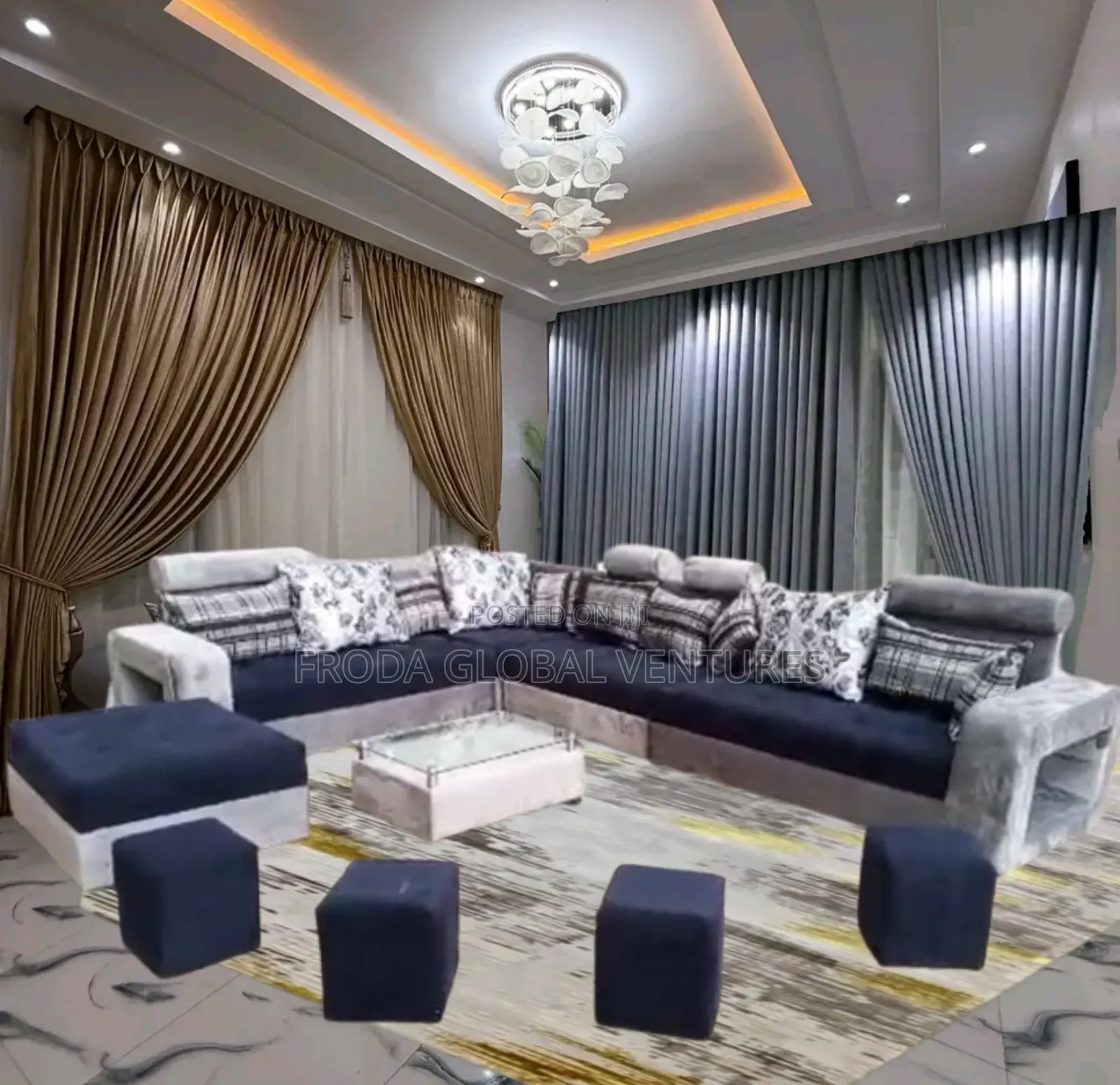 Sitting Room Sectional Couch. 9 Seaters U-Shape Sofa Chairs With Table