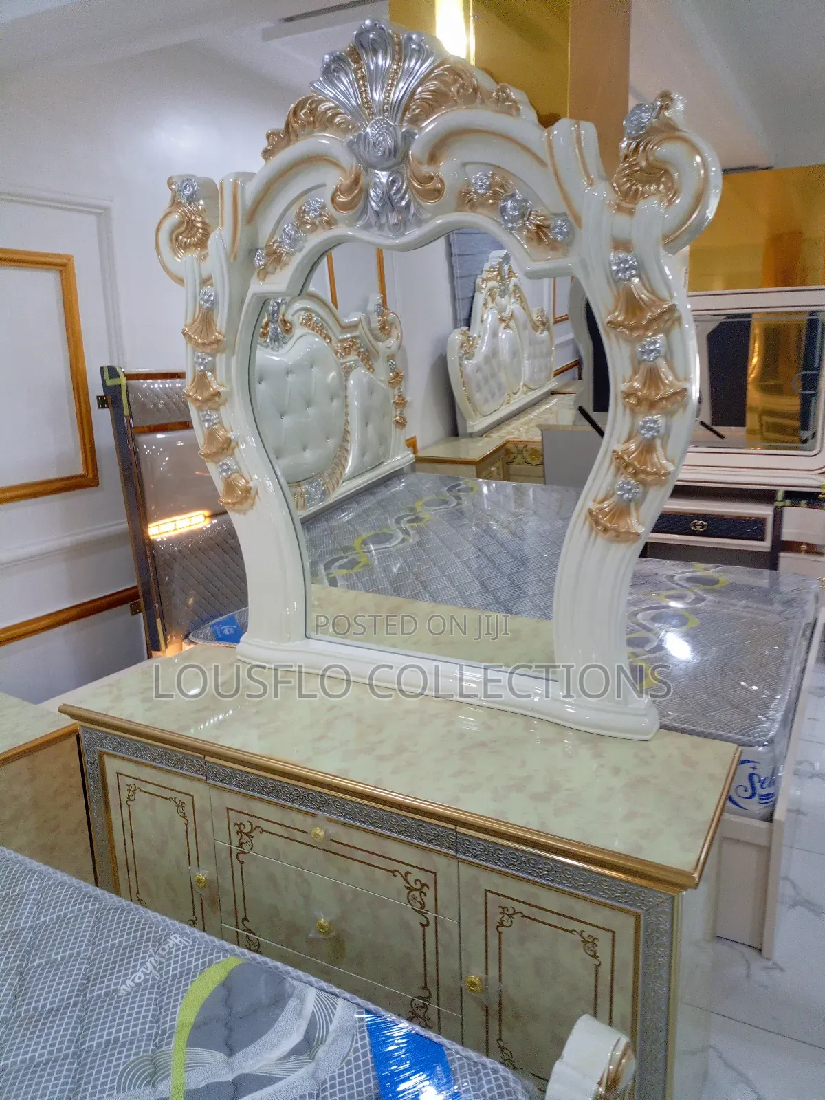 Quality Royal King White and Gold  Bed With Dressing Mirror