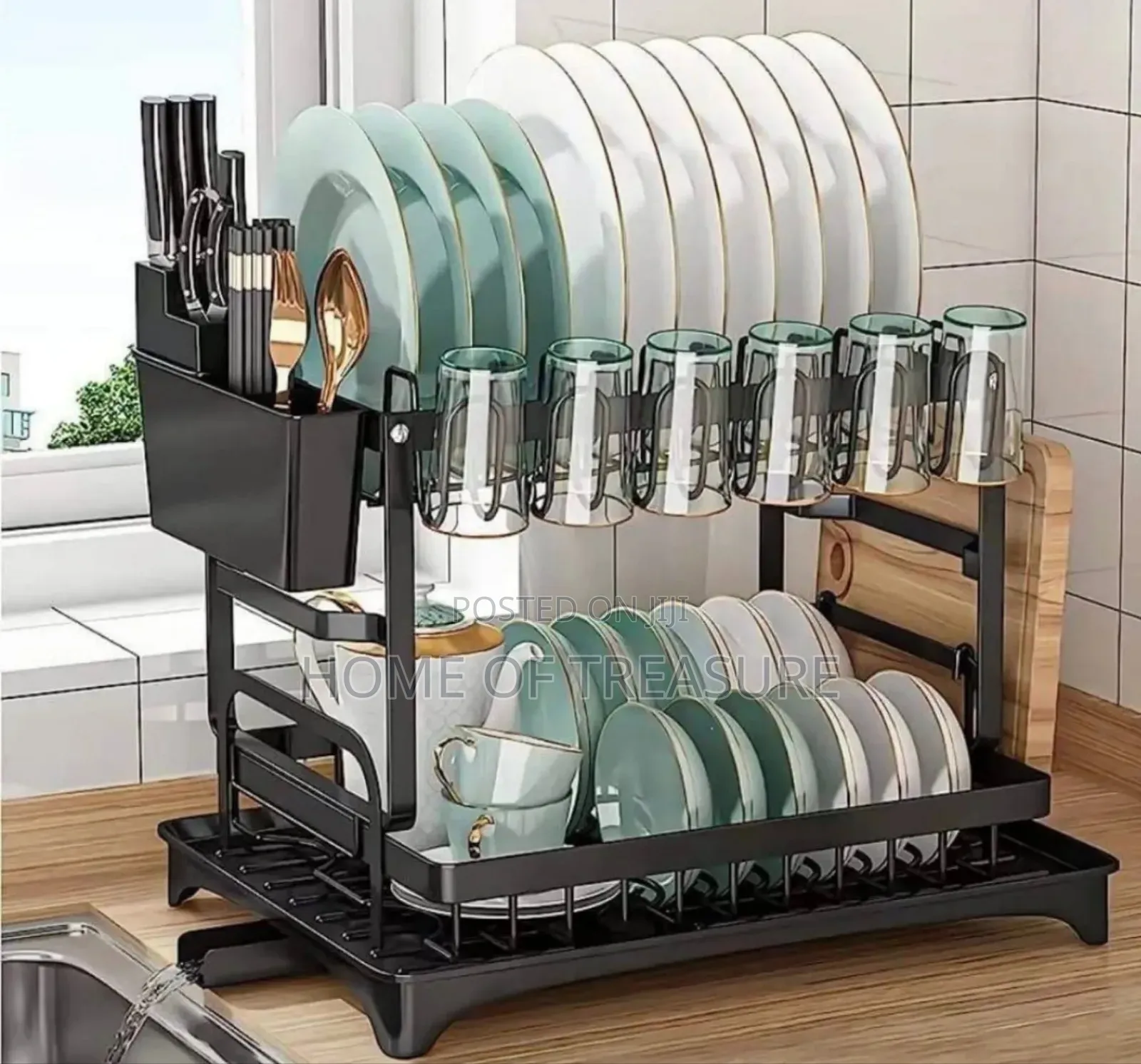 2-Tier Dish Drying Rack With Drainboard Cutlery Holder Cutting Board