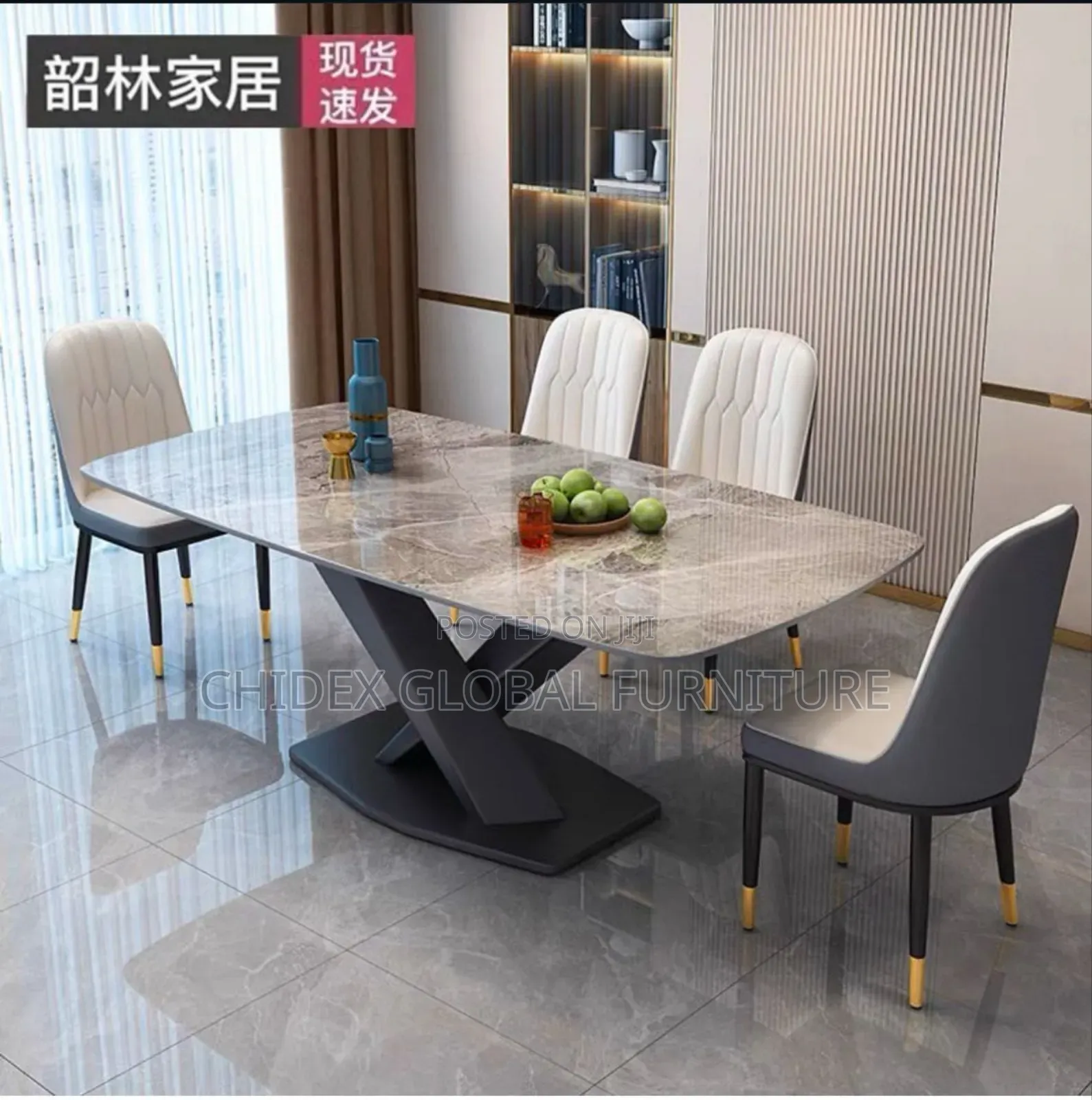Simple Marble Dining Table Set With Metal Base