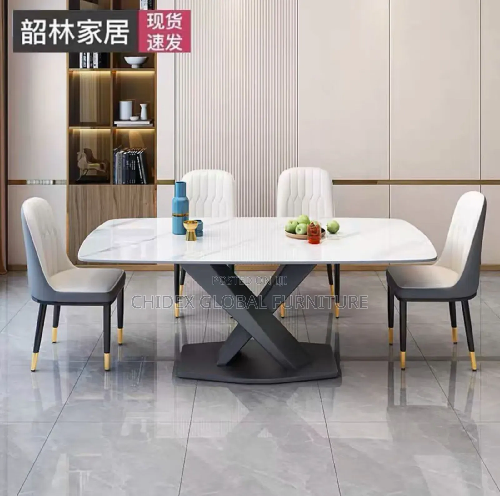 Simple Marble Dining Table Set With Metal Base