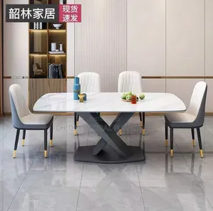 Simple Marble Dining Table Set With Metal Base
