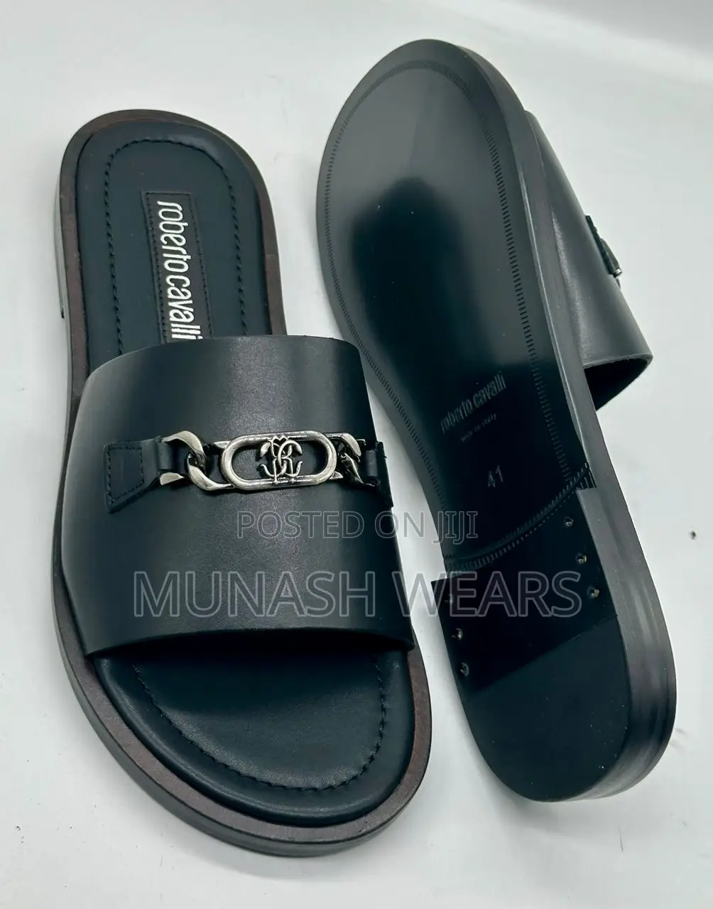Roberto Cavali Leather Black Slipers 40-46