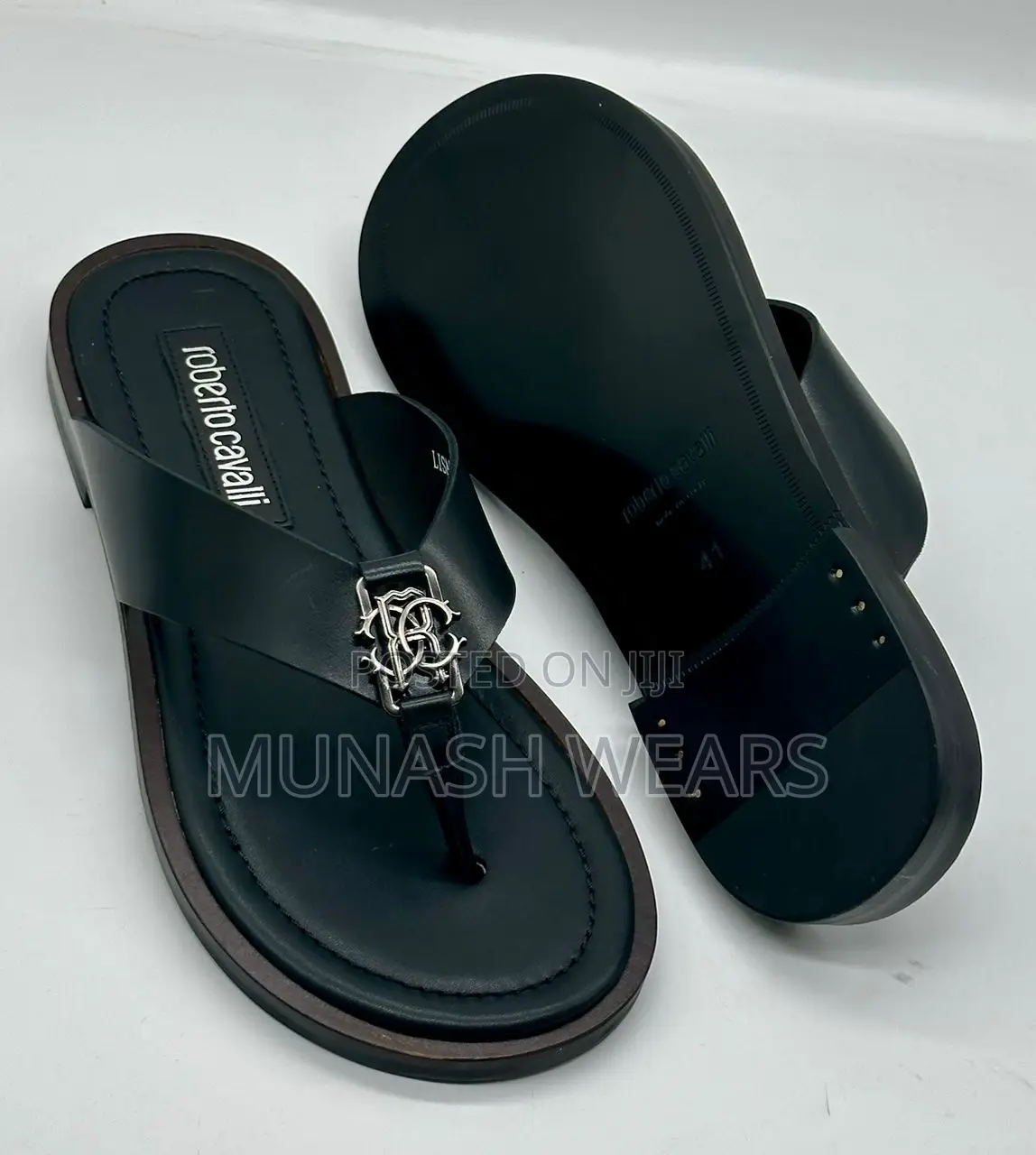 Roberto Cavali Leather Black Slipers 40-46