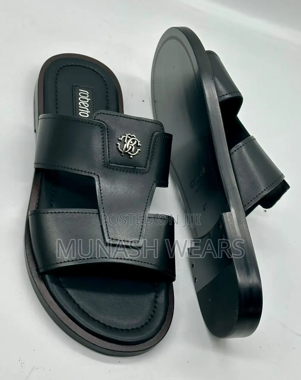 Roberto Cavali Leather Black Slipers 40-46