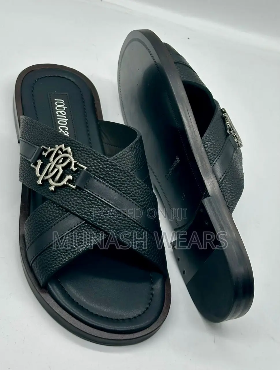Roberto Cavali Leather Black Slipers 40-46