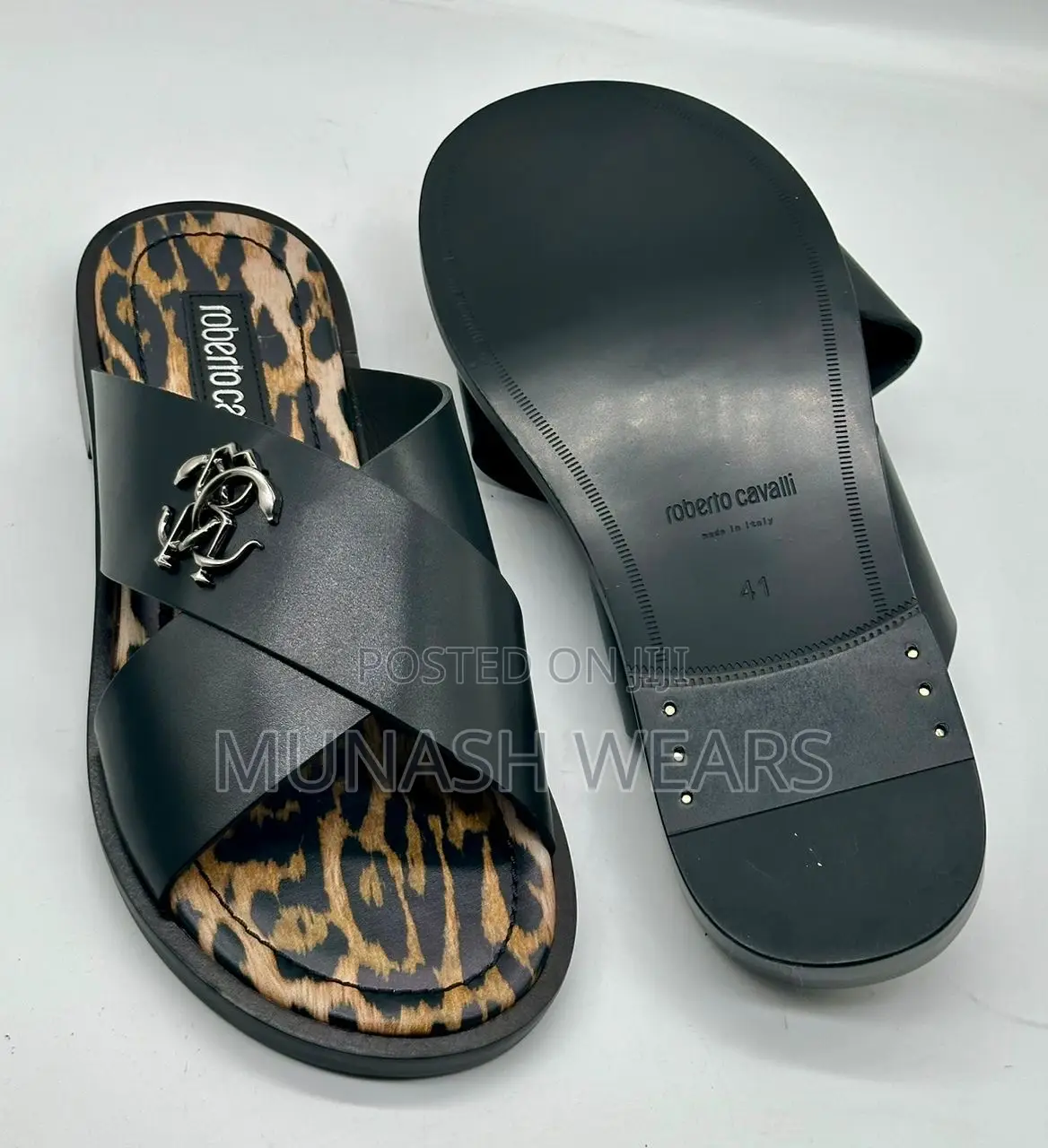 Roberto Cavali Leather Black Slipers 40-46