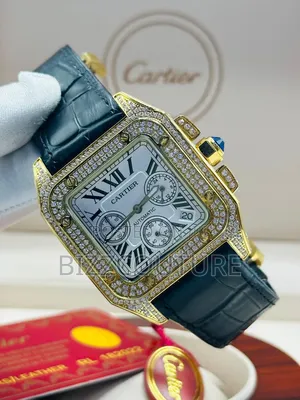 Original Cartier Iced Black Genuine Leather Strap, Quartz Watch