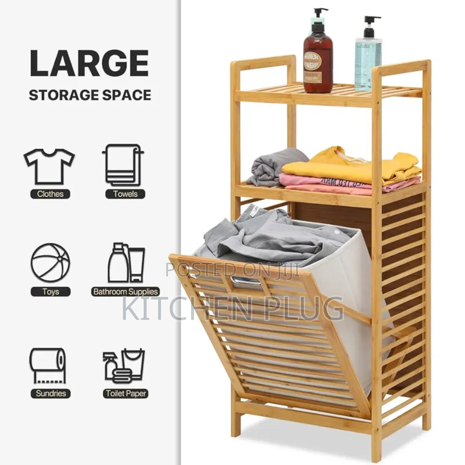 4-Tier Freestanding Bamboo Laundry Hamper Removable Basket Bag