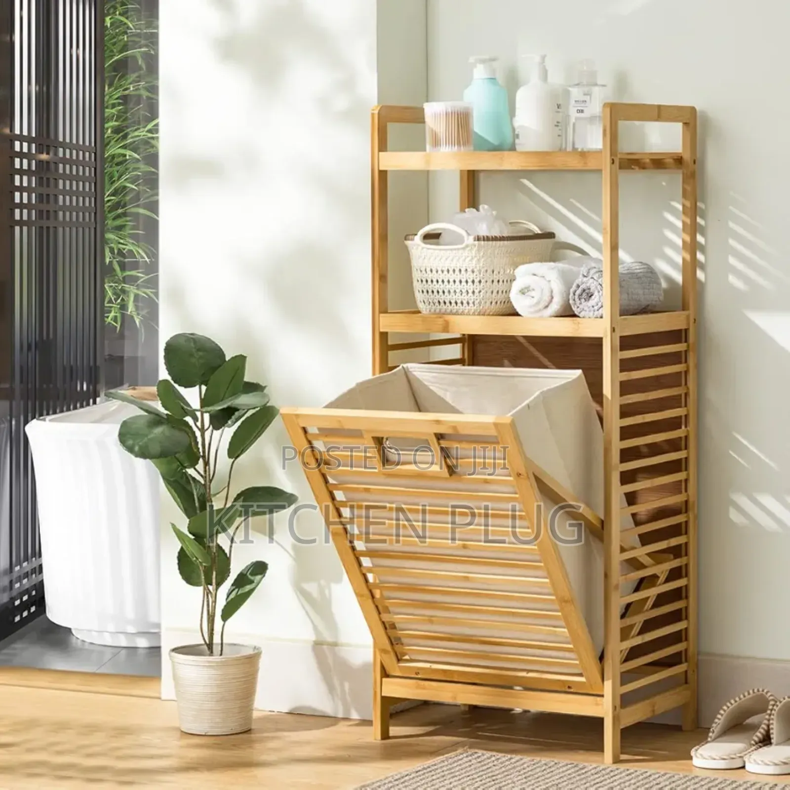 4-Tier Freestanding Bamboo Laundry Hamper Removable Basket Bag