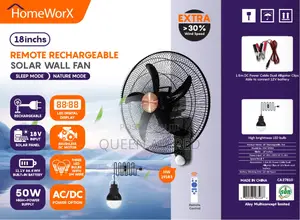 Homeworx Hw-1918w 18inch Solar Rechargeable Wall Fan With 3 Bulbs