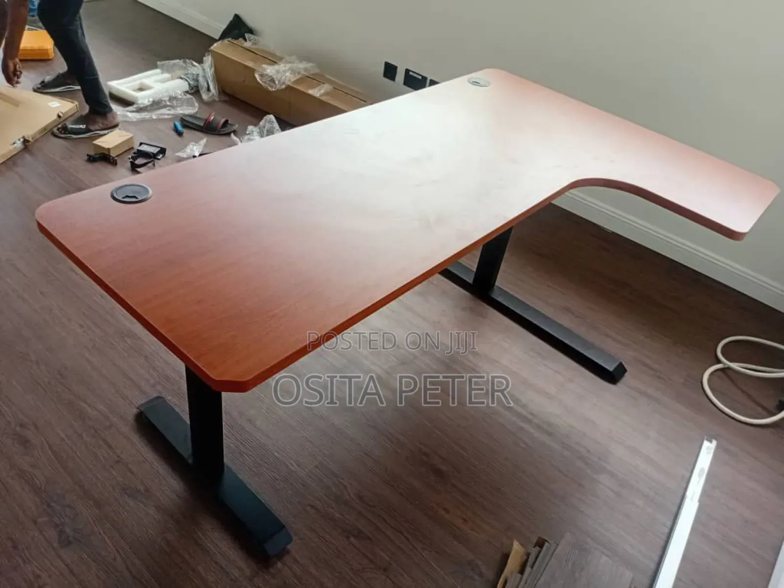 L Shape Adjustable Height Table Brown Top Black Legs