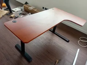 L Shape Adjustable Height Table Brown Top Black Legs
