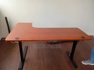 L Shape Adjustable Height Table Brown Top Black Legs