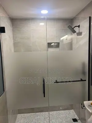 Single Shower Doors With Black Hardware and Frosted Glass