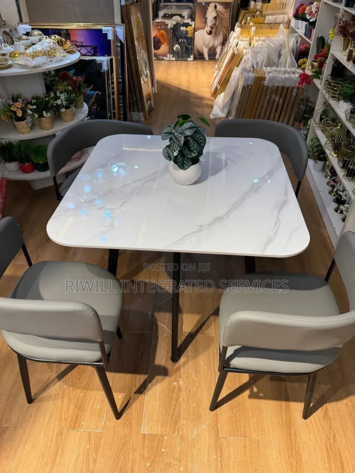 Dining Set by Four With White Colored Table and Grey Seats