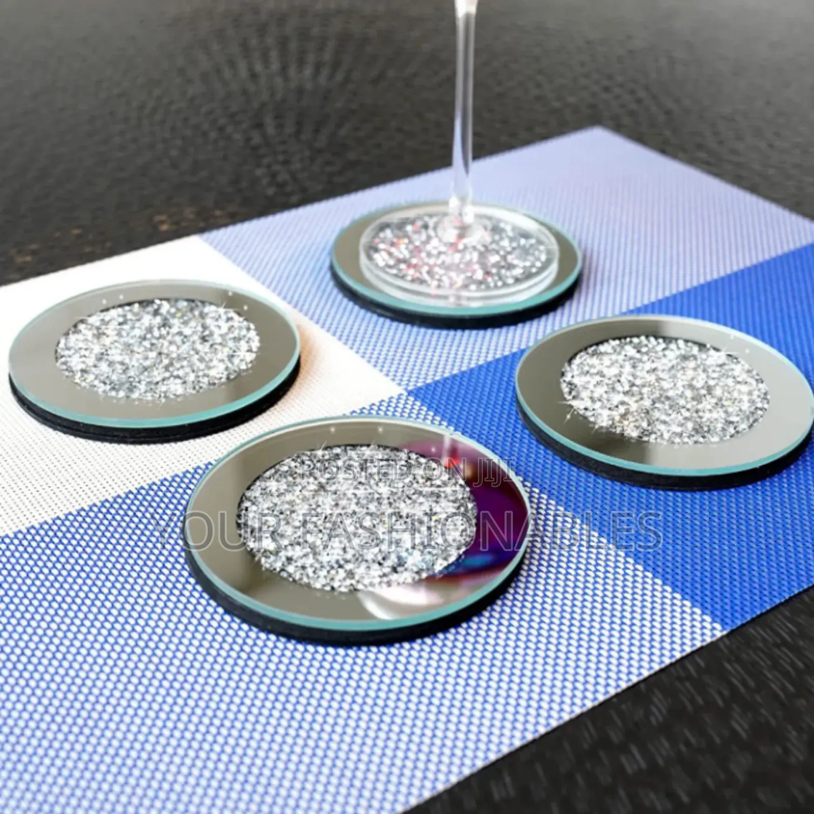4pcs Luxury Glass Rhinestone Mirrored Silver Coasters