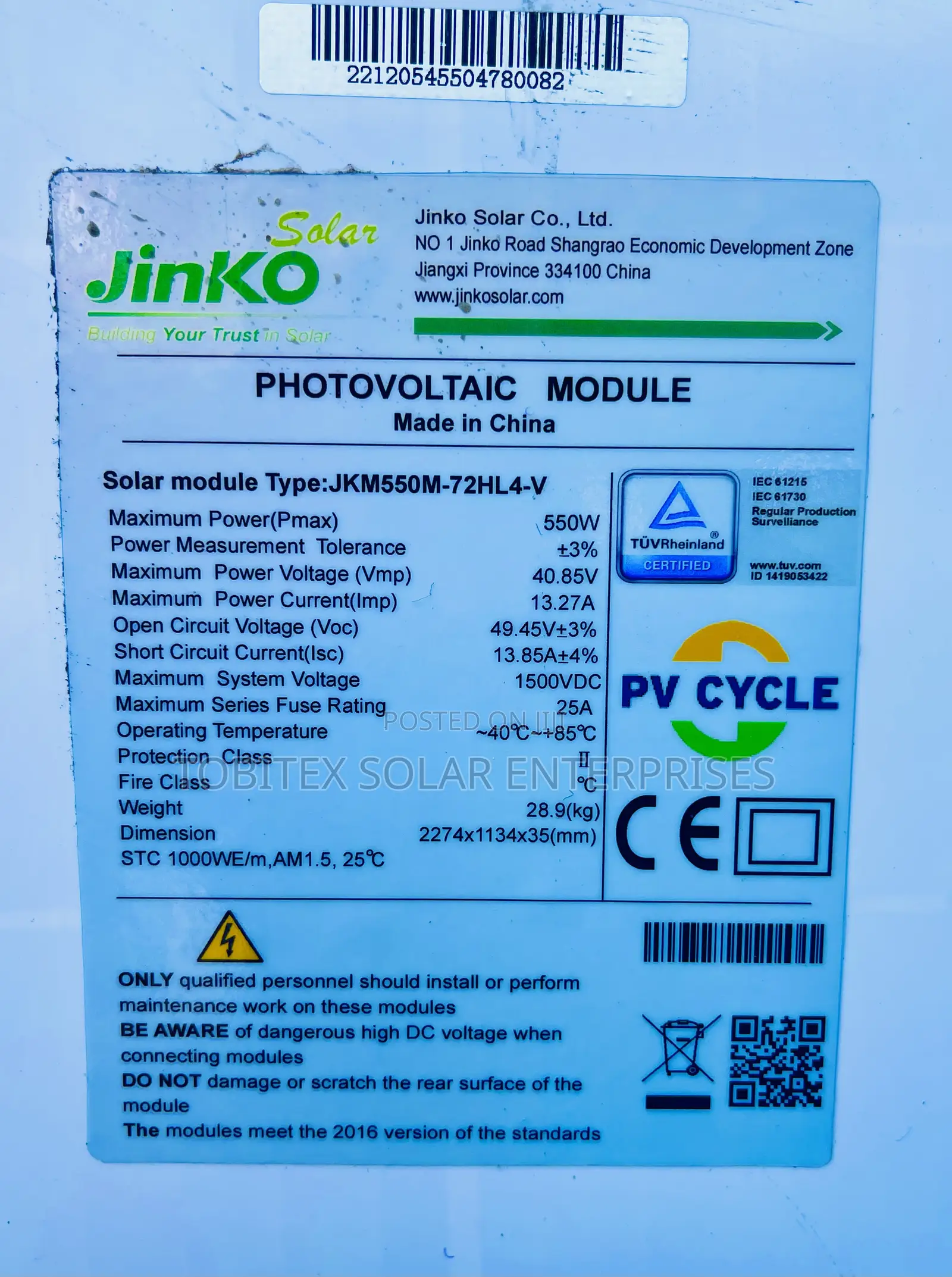 Jinko 550watts Monocrystalline Solar Panel