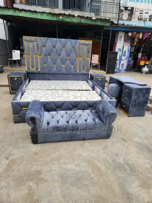 Padded Upholstery 6by6 Bed With Cupboards, Dresser, Stool and Footrest