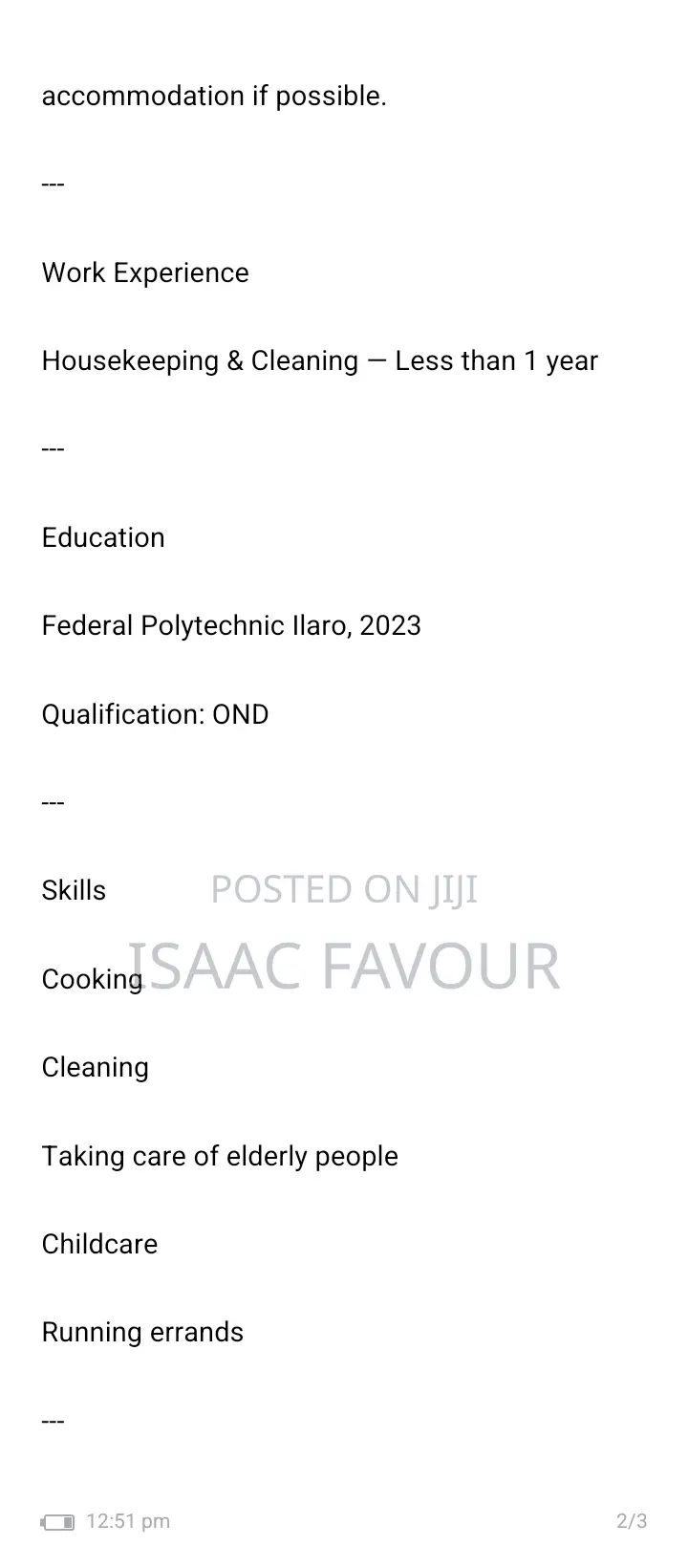 Housekeeping Cleaning CV