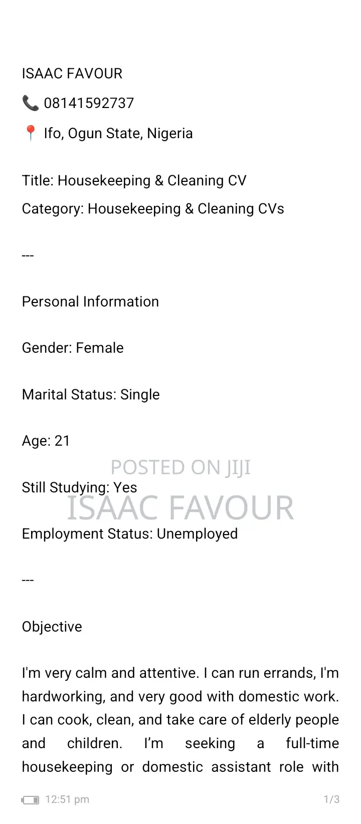 Housekeeping Cleaning CV