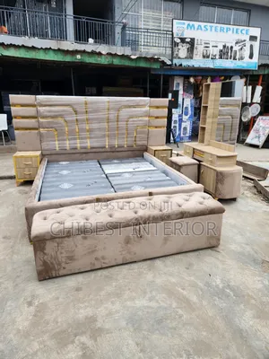 7by6 Cream Bed With Dresser, Cupboards, Stool, Footrest