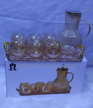 Pumpkin Shape Amber Glass Pitcher With 6 Glass Cups and Tray