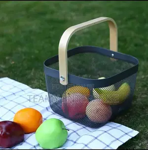 Metal Mesh Basket With Wooden Handles - Small Size Fruit Storage