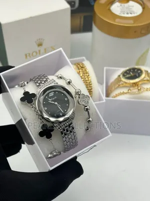 Female Silver Watch and Bracelet (Black Face Dial)