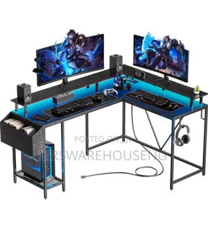 L Shaped Gaming Desk With Power Outlets Led Lights,