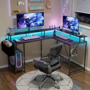 L Shaped Gaming Desk With Power Outlets Led Lights,