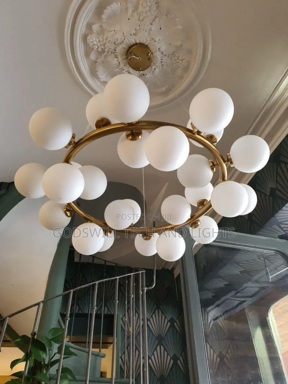 Modern Gold Frame Chandelier With White Glass Globes