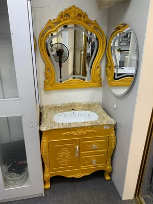 Royal Golden Antique Bathroom Vanity With Marble Top and Ornate Mirror