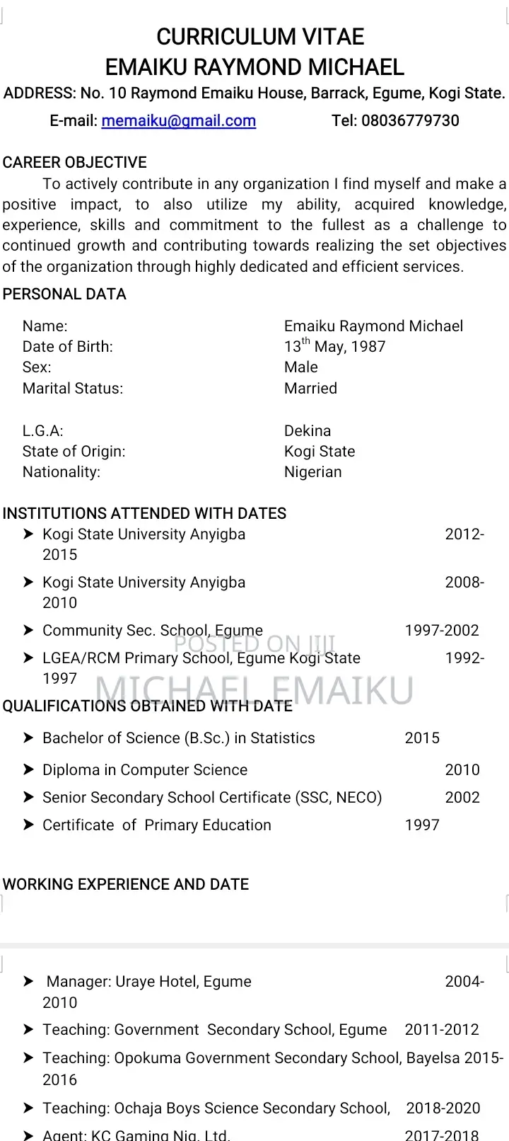 Hotel Curriculum Vitae