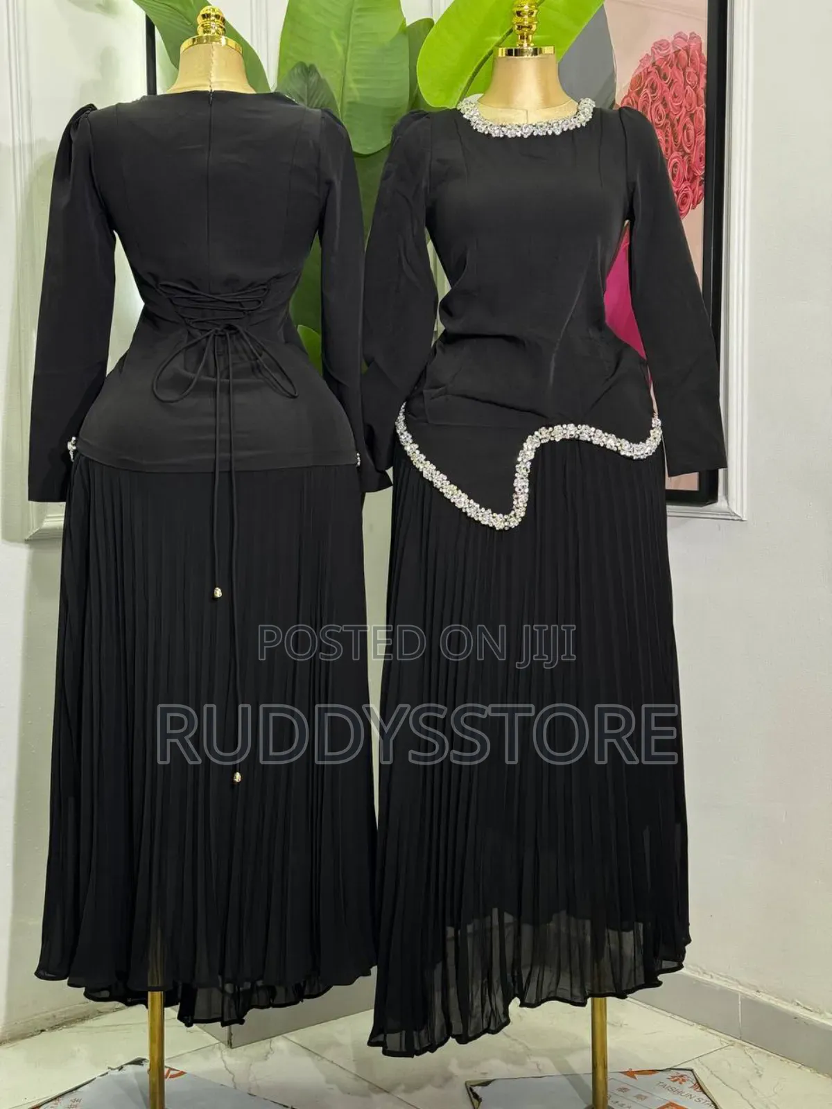 Elegant Pleated Skirt Embellished Top Set