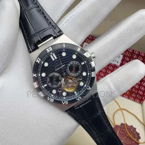 Luxury Brand Omega Black Leather Watch (Blue Face Dial)