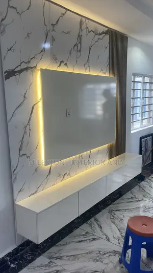 Stylish Luxe Tv Console With Side Flutter Panels Complimented Led