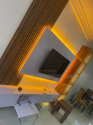 Simple Tv Stand Design With Flutter Panels,Shelves and Led Lights