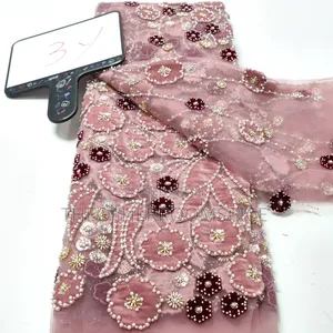 Less Than Flower Net Lace Fabric With Bead Sequin Stones Cord Aso Ebi
