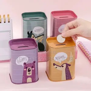Korean-Style Square Metal Tin Money Box, British-Style Cartoon Piggy