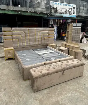 Premium Wooden 6 by 6 Padded Bedframe Upholstery Set With Drawers