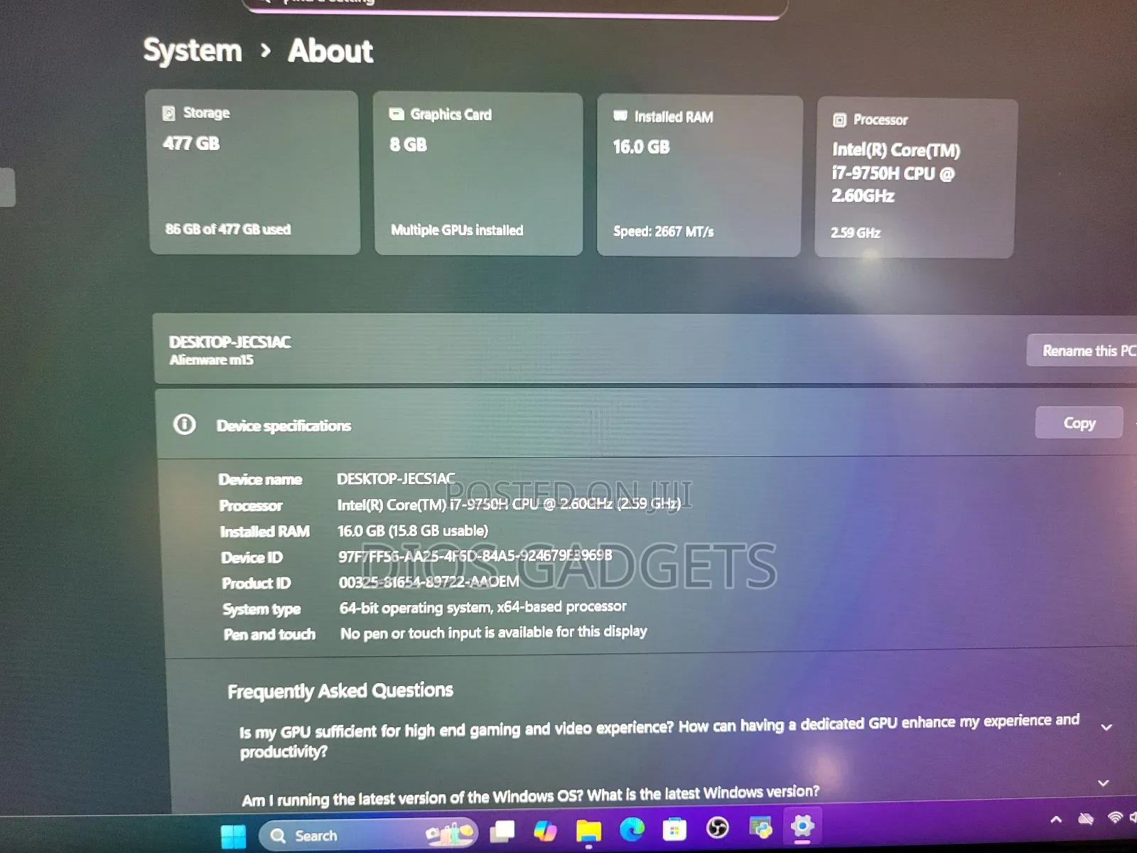 Laptop Dell Allenware M15 R5 16GB Intel Core i7 SSD 1T