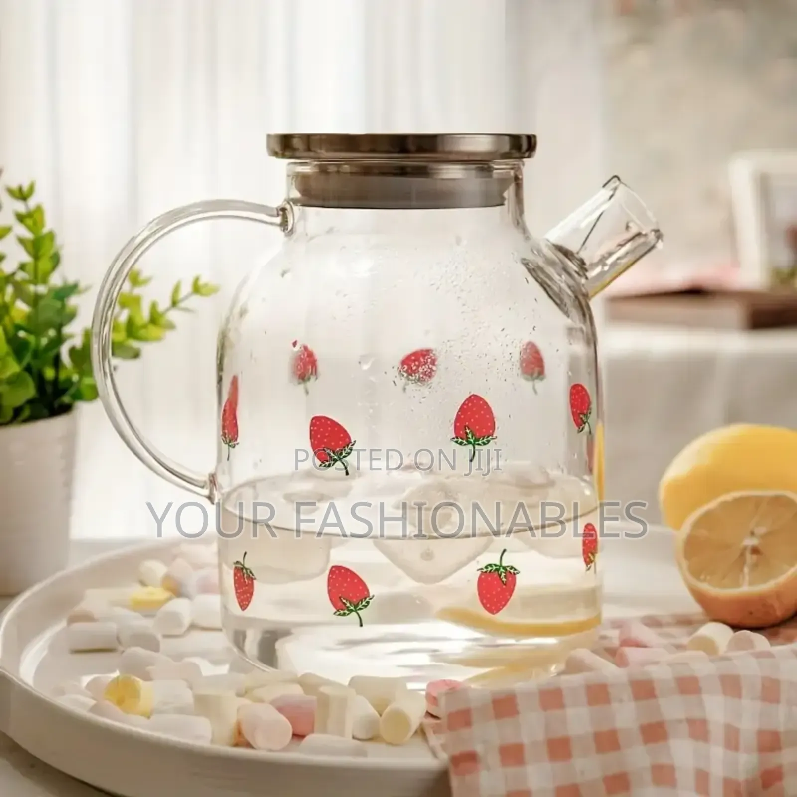 Large Borosilicate Glass Strawberry Teapot and Jug
