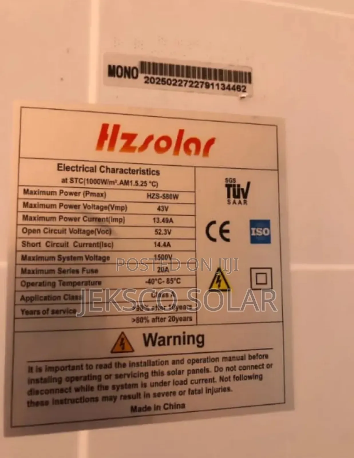 580w Hz Solar Panel Mono Crystaline