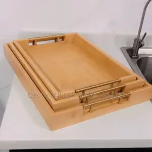 3in1 Quality Wooden Serving Tray With Metal Gold Handle
