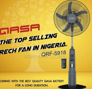 Qasa Rechargeable Standing Fan 
Strong Battery 
Remote
Long Lasting.